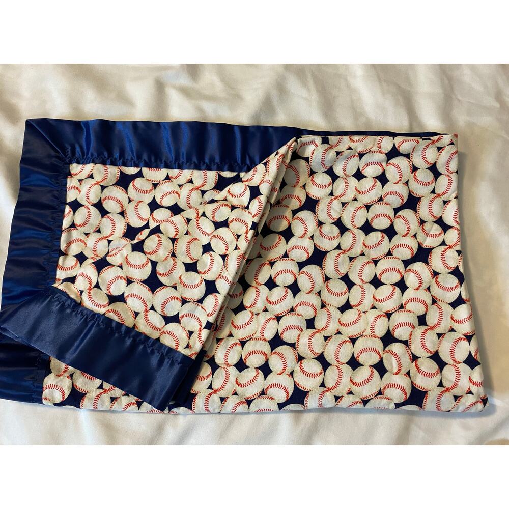 Handmade vintage Baseball baby blanket Blue satin trim Baby boy 42x33 - Picture 2 of 5